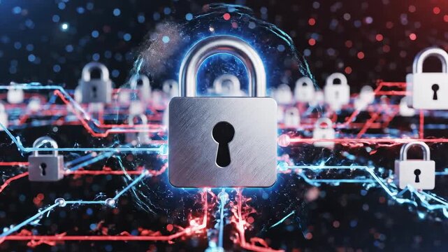 Digital network with padlocks representing smart infrastructure and connectivity
