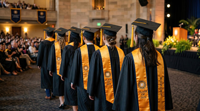 Graduates in caps and gowns walk down a hallway with gold sashes