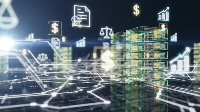 Financial data visualization with stacks of gold coins and digital icons floating above a futuristic cityscape at night
