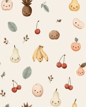 Healthy Tile Background Cute Cartoon Fruit and Leaf Pattern with Bananas Cherries Pears and Simple Nature Elements a soft healthy sunbeam background healthy lifestyle barefoot walking tile