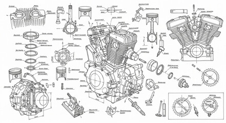 Detailed Motorcycle Engine Blueprint Technical Drawing. © Bodo