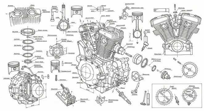 Detailed Motorcycle Engine Blueprint Technical Drawing.