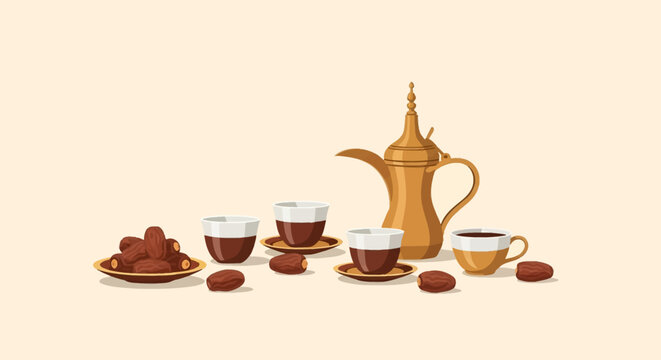 Vector illustration of a traditional gold Arabic coffee pot Dallah with ceramic cups Finjan filled with dark coffee served with dried date fruits on a plate and neutral background.