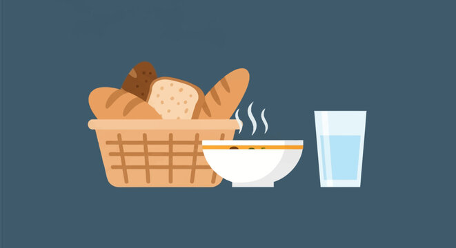 Flat vector illustration of a woven wicker basket filled with assorted bread loaves, a steaming bowl of hot soup, and a glass of water isolated on a solid dark blue background.