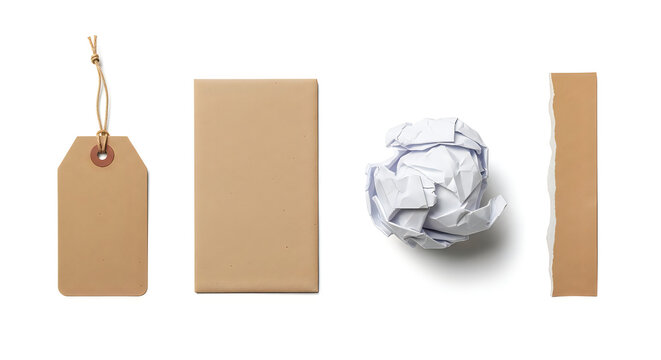 Brown tag, envelope, tape and crumpled paper on a clean surface