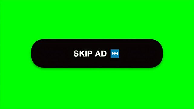 Animated skip ad button with a three second countdown appearing on a green screen for video editing.