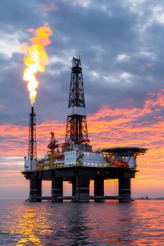 Offshore oil rig flaring gas at sunset