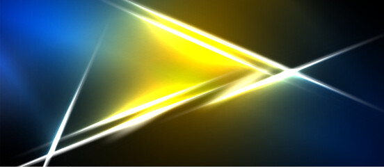 Naklejka premium Abstract design features bright yellow, blue light streaks. Sharp angles create dynamic visual effect against black background.