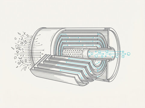 Industrial reverse osmosis membrane stack and wastewater treatment technology cross section line art illustration for sustainable water filtration system no text