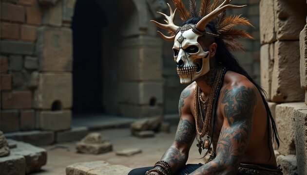Man wears skull mask antlers. Person has tattoos chains. Sitting inside old stone temple ruins. Mysterious ancient ritual scene. Dark fantasy story.