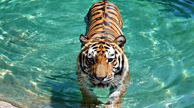 Tiger Swimming Through Clear Green Water in Natural Habitat.