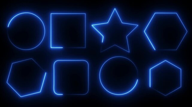 Neon Geometric Shapes Pattern with Blue Glowing Star Circle and Square Icons on Black Dark Background Representing Abstract Digital Design Elements