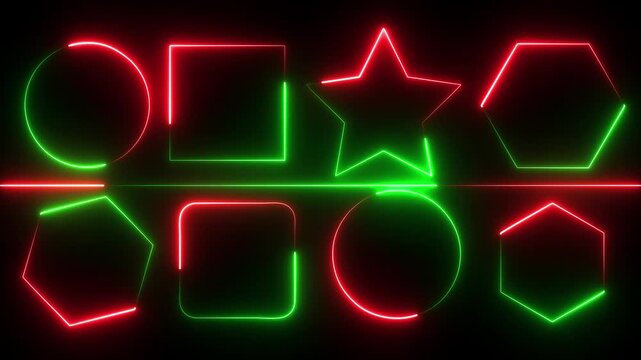 Neon Geometric Shapes Grid with Red and Green Glowing Star Circle Square and Polygon Icons on Black Dark Background Representing Abstract Digital Pattern Layout