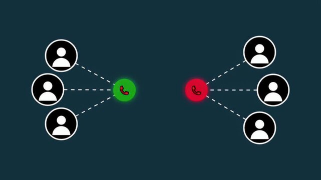 Digital animation of human silhouettes connected to glowing green and red telephone icons symbolizing call center support.
