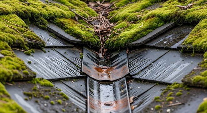 Thick green moss growing in roof valley between asphalt shingles after rain.