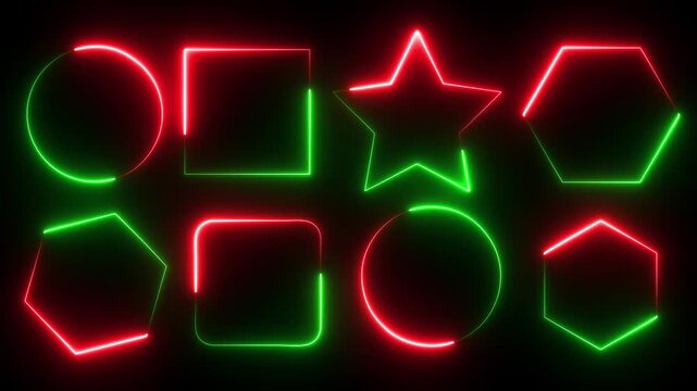 Neon Geometric Shapes Pattern with Red and Green Glowing Star Circle and Square Icons on Black Dark Background Representing Abstract Digital Design Elements