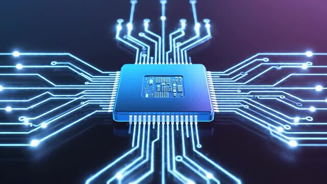 Close-up of a glowing microprocessor chip on a circuit board with blue neon energy lines in a high-tech digital environment.