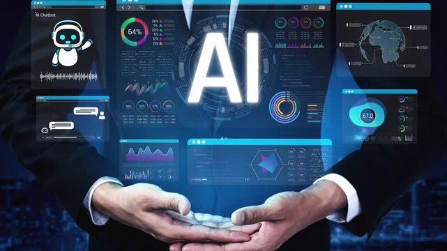Futuristic Interface Displaying AI Technology with Businessman Holding Data Insights in Modern City Environment Sigmoid