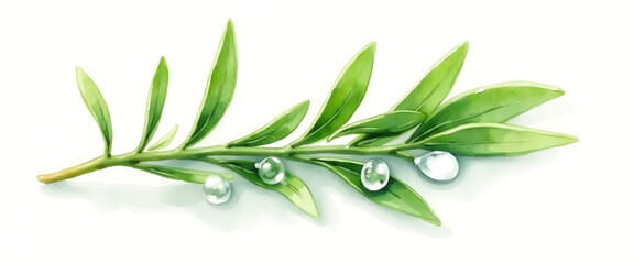 Fototapeta premium Green Olive Branch with Water Droplets on White Background Close-up Detail