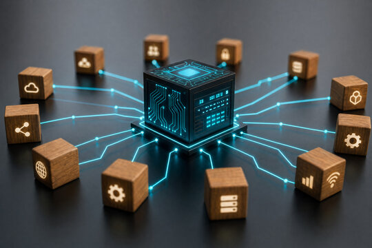 Central black cube with glowing blue circuitry connected to wooden blocks with icons