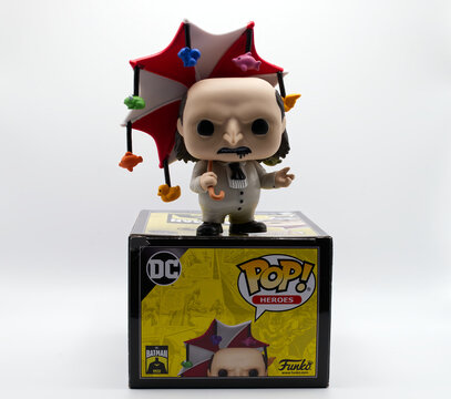 Bologna - Italy - April 28, 2026: A collectible funko pop vinyl figure of the penguin character from batman returns movie on its original box.