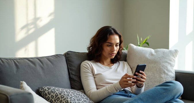 Young Latina woman with broken leg uses smartphone on sofa. She manages finances video calls and online shopping from home during recovery. Injury rehab process aided by tech.