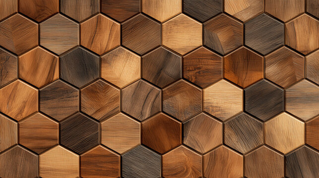 A close up of a pattern of wooden hexagon tiles in varying shades of brown and wood grain texture