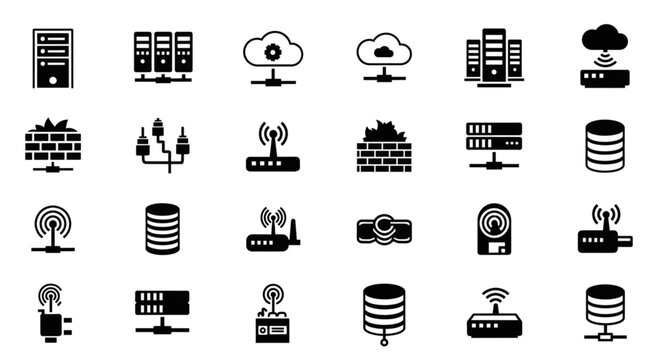 Collection of technology icons representing data storage and networking.