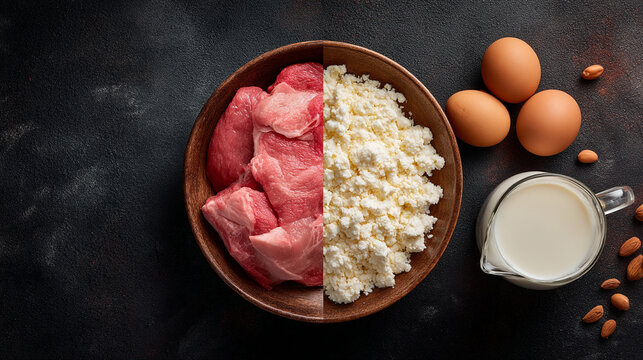 Various protein sources: raw meat cottage cheese eggs milk nuts on dark background with high protein