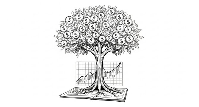 Doodle business finance chart with money tree growth concept vector illustration isolated on white background