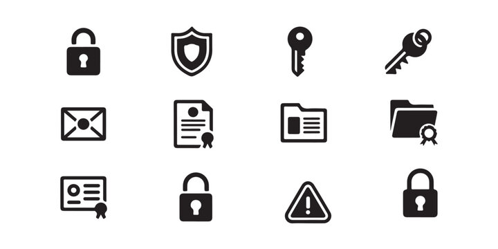 Document security and authentication icons including certified folders keys and email protection