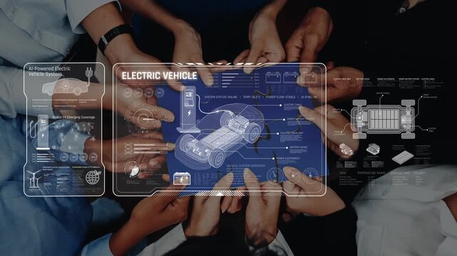 Diverse hands collaborate over a digital interface showcasing electric vehicle technology, representing teamwork and innovation in sustainable transportation solutions. Raster