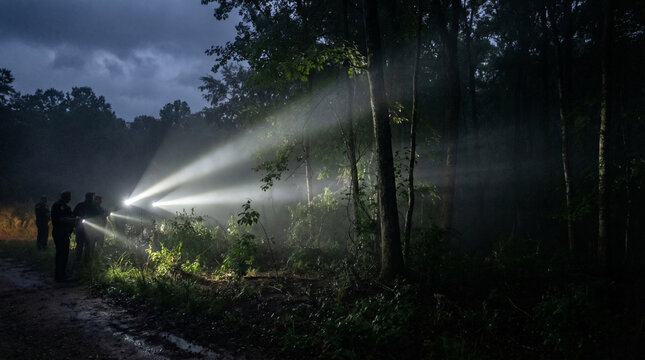 Intense nighttime manhunt in dense forest with searchlights piercing the darkness, following a dramatic prison break, creating a suspenseful and mysterious atmosphere