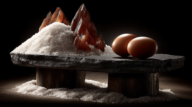 Dramatic still life with pile of white salt and reddish crystals on stone slab with brown eggs