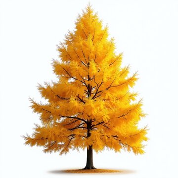 Golden Tamarack tree stands alone, its needles bright yellow against white. Autumnal leaves carpet ground below. Seasonal beauty, nature contrast, isolated plant.