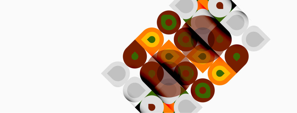 Abstract geometric pattern. Rounded rectangles overlap, creating colorful design. Brown, orange, green hues dominate composition. Minimalist style.