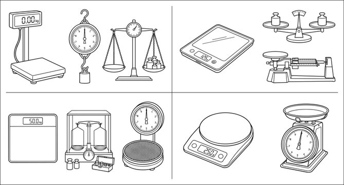 Collection of weighing scale and balance illustrations including digital, analog, kitchen, and laboratory designs for measurement projects