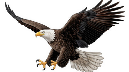 Obraz premium Majestic Bald Eagle in Flight Symbolizing Freedom and American Pride with its Powerful Wings and Sharp Vision Against a Pure White Background