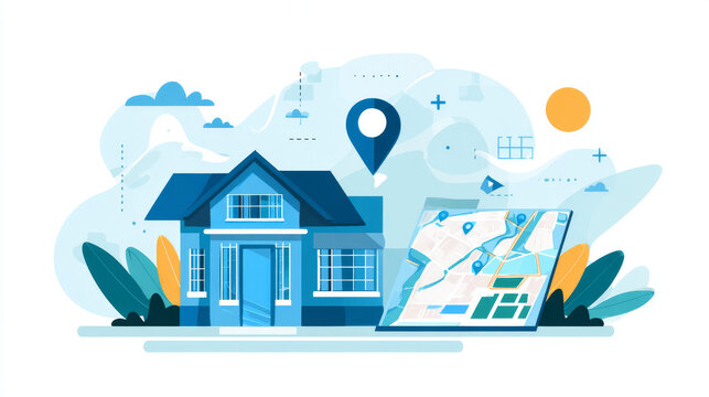 Real estate business vector icon. Include house, residential building. Land plot, land lot, map, boundary, pin, location and area for navigation. Tract of land for owned, sale, rent, buy, development.
