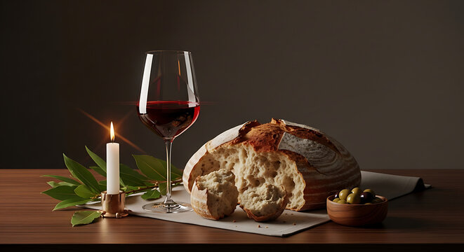Warm glow of a lit candle illuminating a rustic still life composition of red wine, crusty bread, and olives, evoking a sense of tradition and peaceful reflection on a dark wooden table