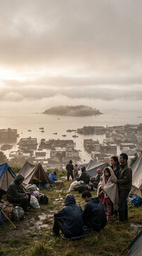 People gathered on a hill during a dramatic sunset, overlooking a sinking island with tents set up for evacuation, under a cloudy sky with calm waters in the background