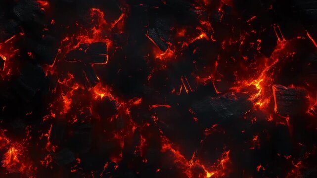 Fiery embers glow intensely, creating a mesmerizing and dangerous display. Dark, charred fragments are illuminated by the vibrant, molten heat.