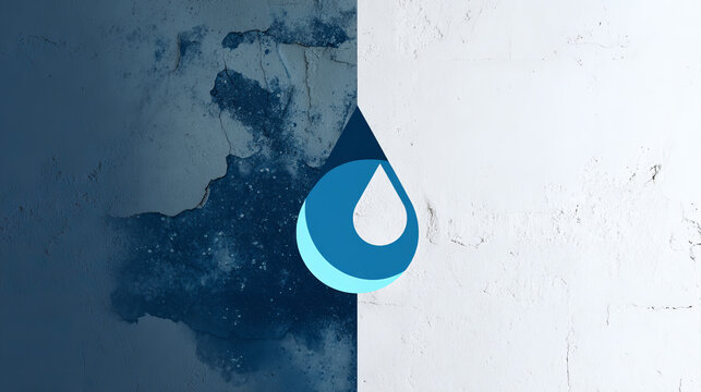 Waterproof icon and water leak icon. Wall of basement aged, damaged result in water leak problem and repair by primer paint and coating with bituminous waterproof membrane material. Vector icon design