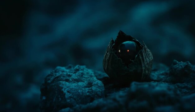 A mysterious glowing orb rests within a natural husk. Its light shifts from warm gold to an intense, deep red.