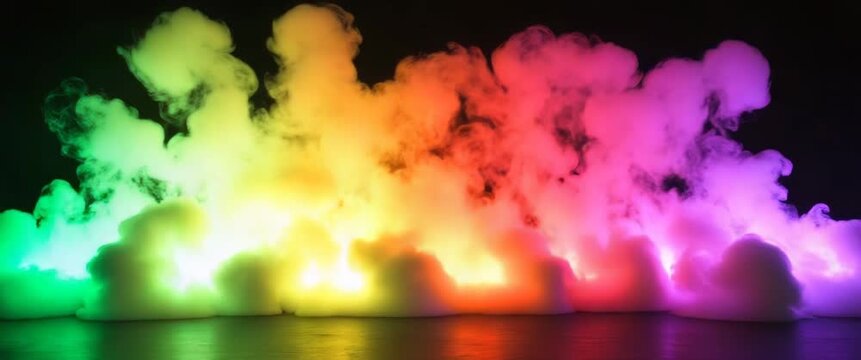 Vibrant rainbow smoke rises dynamically against a dark background. Glowing colors create a magical, ethereal, and energetic display.