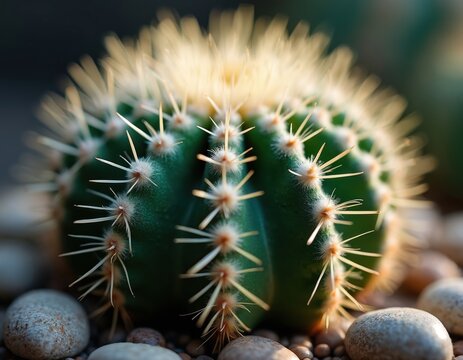 Green cactus round shape with sharp white spines. Fluffy white tufts grow from areoles. Small plant sits on gravel and smooth stones. Natural light highlights prickly details.