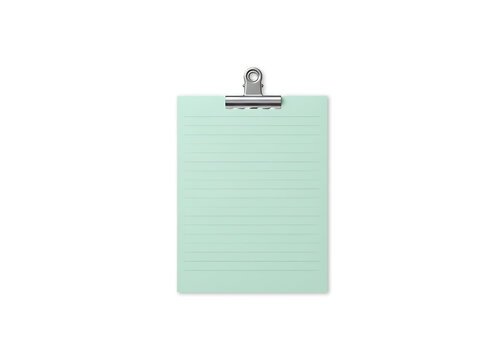 A mint green lined notepad on a silver metal clip isolated on transparent background
