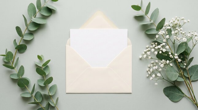 Elegant wedding invitation mockup with open cream envelope blank card and eucalyptus leaves on grey background, envelope