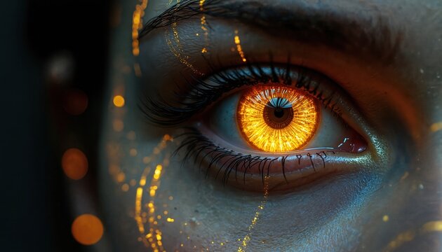 Close-up human eye glows with bright orange iris and cybernetic circuits. Gold particles float near eyelashes and on skin. Future tech vision concept.