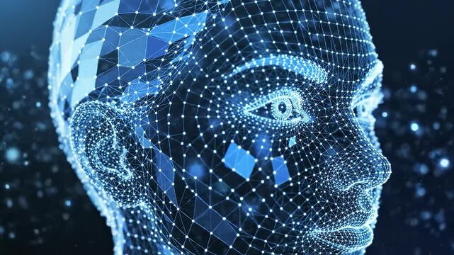 Digital human head wireframe ideal for tech startups and software promos